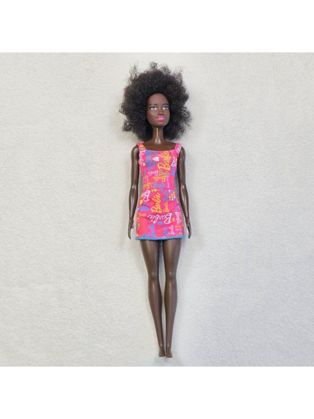 Barbie 2015 African American Pink Logo Dress  Black Natural Afro Hair